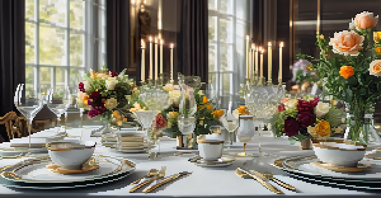 An elegant dining table set with fresh flowers and fine glassware, ready for a multi-course meal, creating a warm and inviting atmosphere.
