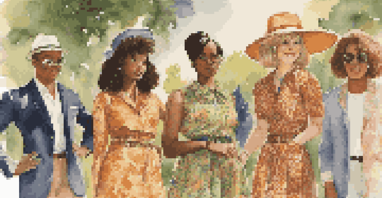 A diverse group of friends in vintage outfits from the 1960s and 1970s, enjoying a sunny day in a park.
