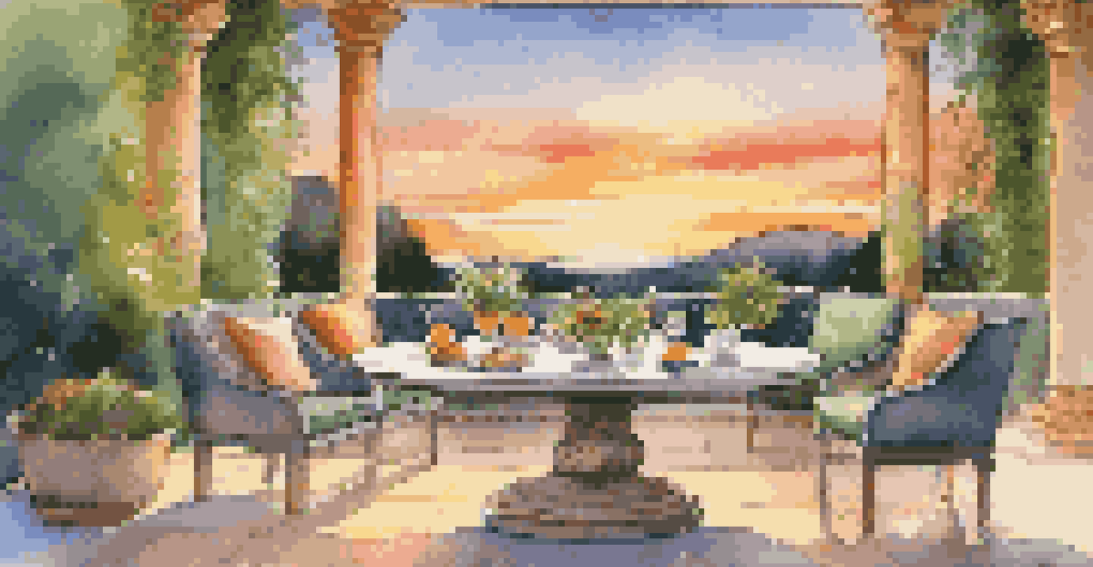 An opulent outdoor patio with a marble dining table and a stunning sunset in the background.