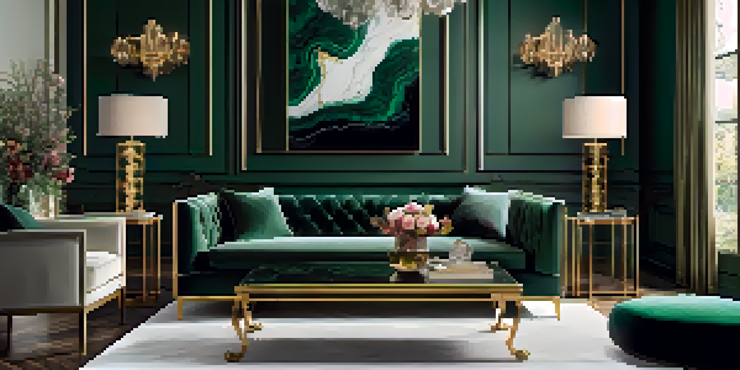 A luxurious living room with a velvet green sofa, marble coffee table, and golden accents illuminated by sunlight.