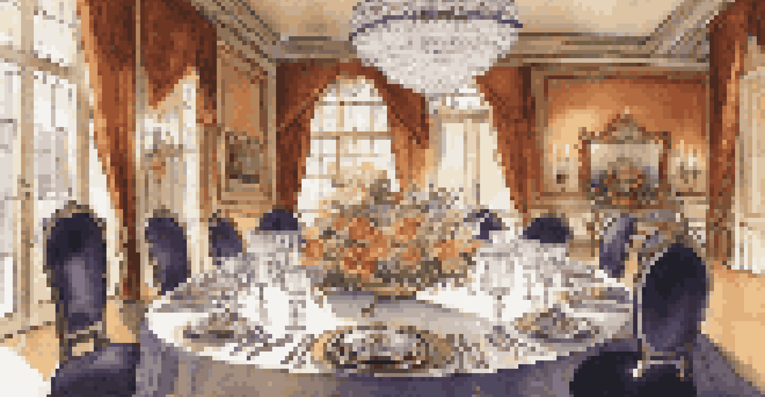 An opulent dining table set with fine china, crystal glasses, and a chandelier above.