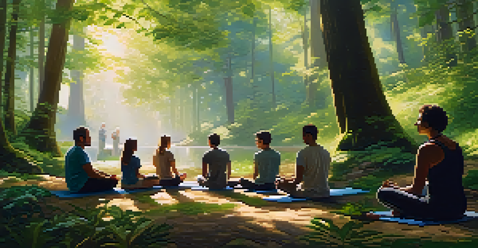 A group of people meditating in a peaceful forest setting, surrounded by tall trees and sunlight filtering through the leaves.
