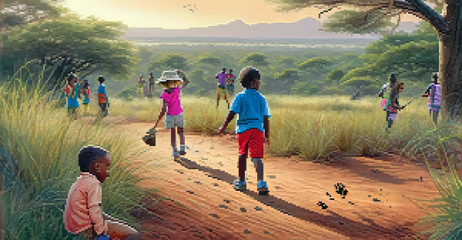 Children tracking animal footprints with a guide during a family safari, surrounded by colorful African flora.