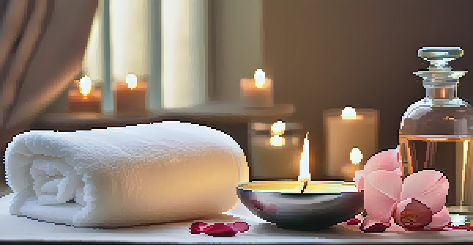 A spa scene with a candle, rose petals, and jasmine facial oil on a towel, creating a serene and indulgent atmosphere.