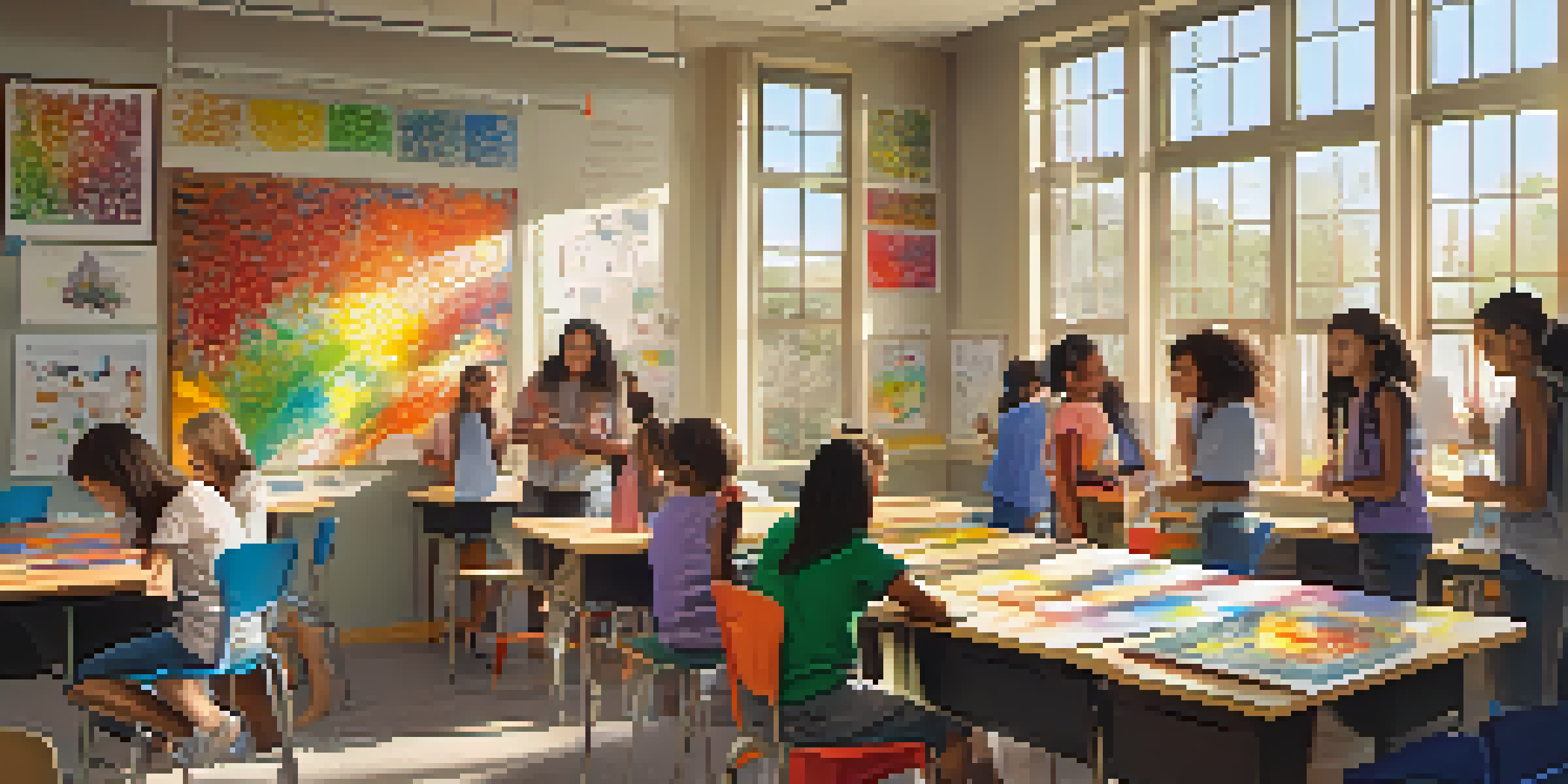 A diverse group of students in a sunlit classroom working together on an art project, surrounded by colorful artwork and natural light.