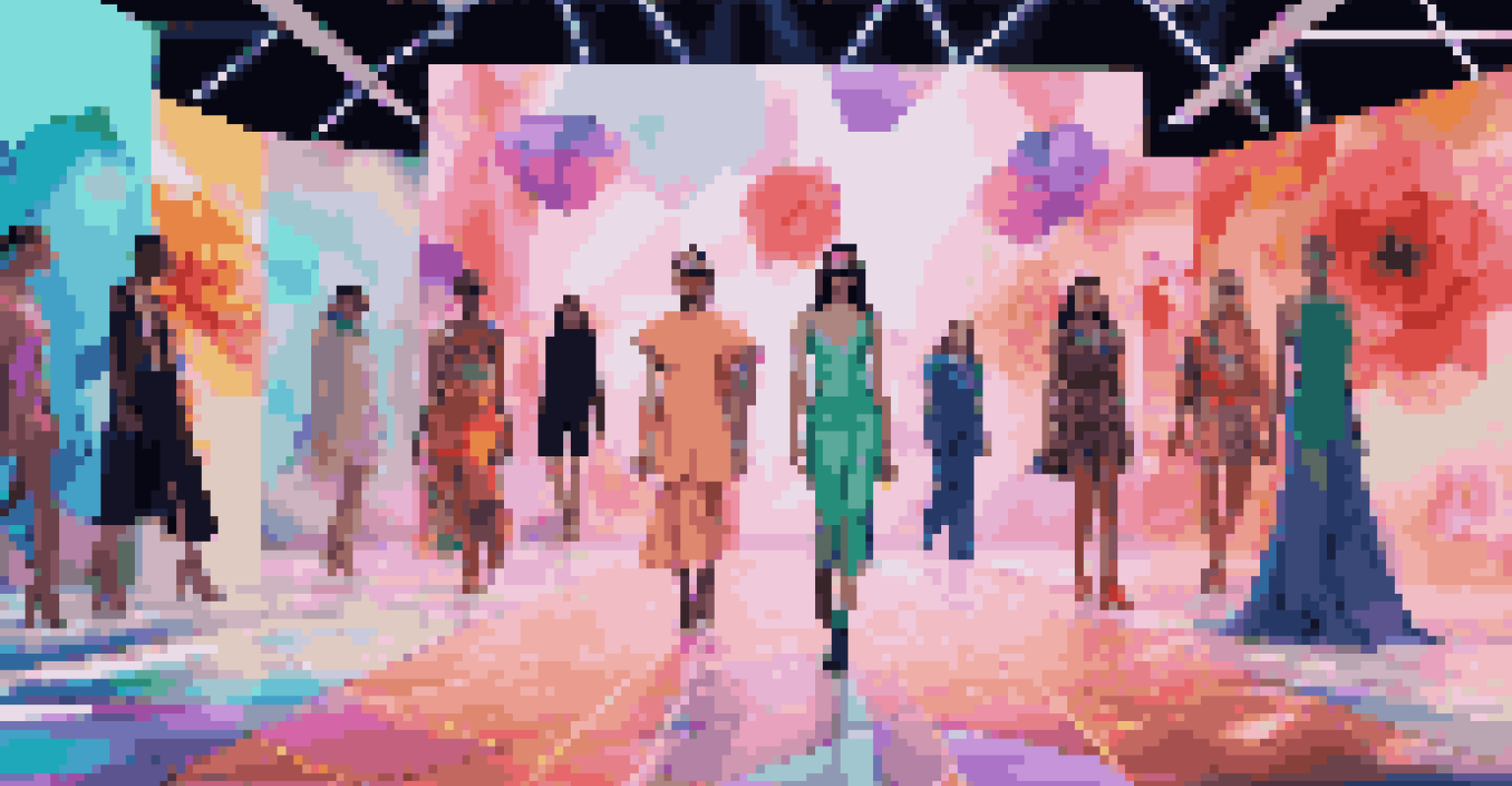 A digital fashion show with models on a runway, enhanced by augmented reality visuals and colorful lighting effects.