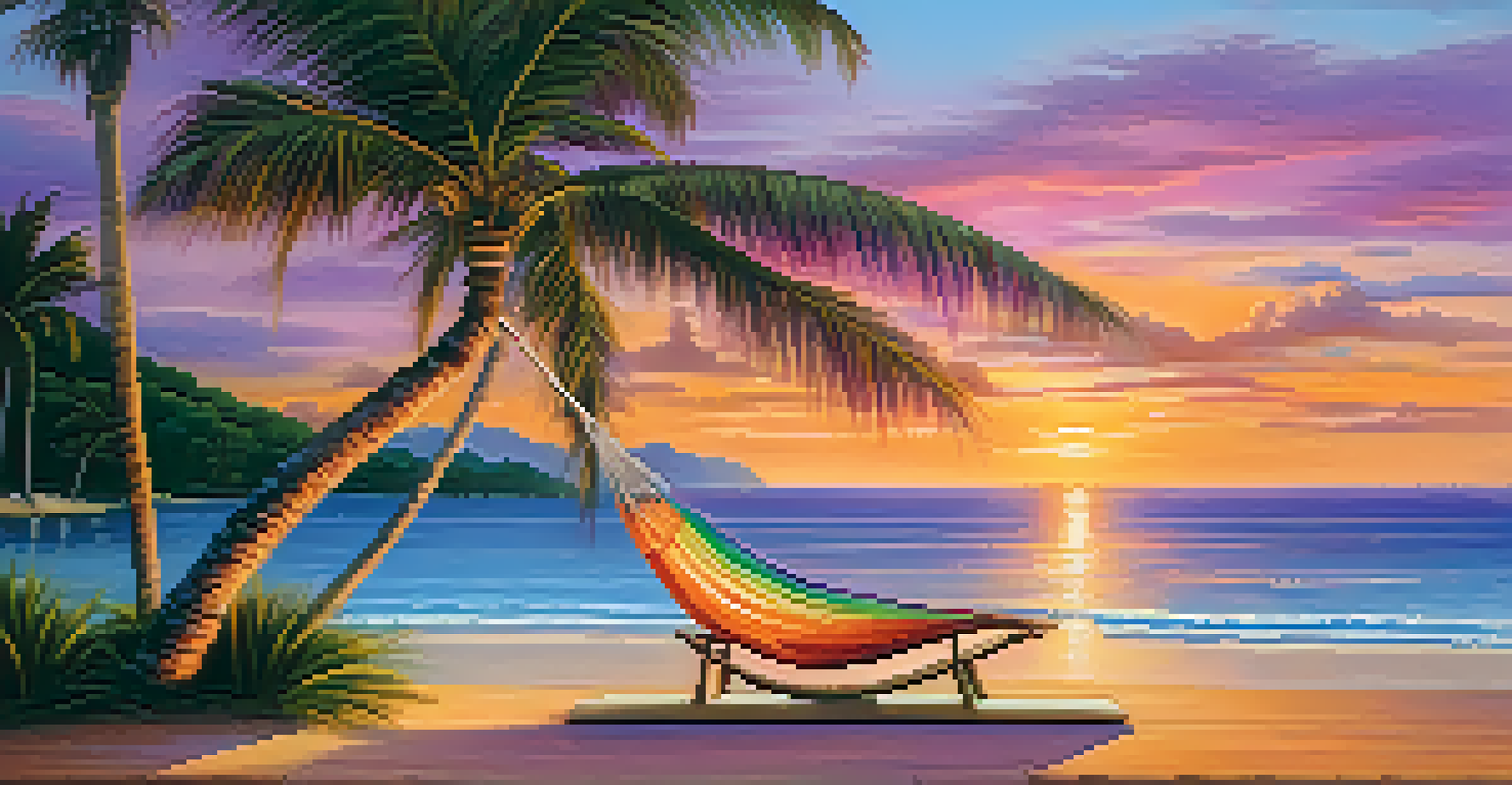 A hammock on a private island at sunset, with a colorful sky and ocean view.
