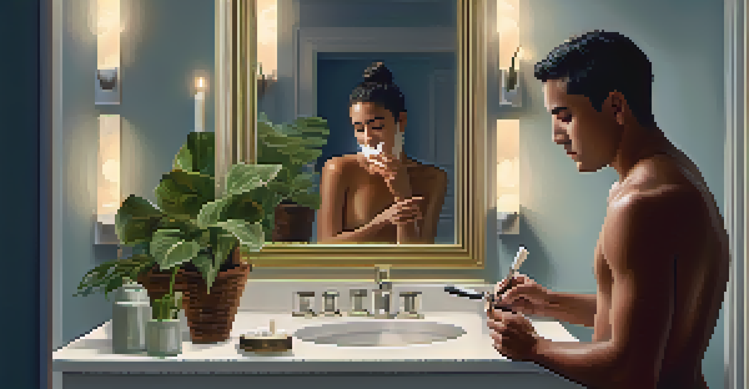 A peaceful bathroom scene where a person is engaged in a shaving ritual with a straight razor, surrounded by candles and plants under soft lighting.