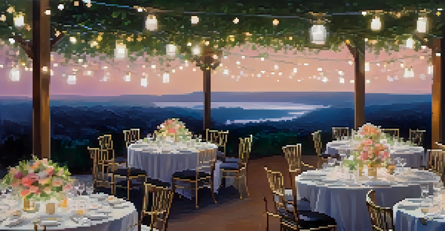 An elegant outdoor charity gala with beautifully arranged tables, string lights, and attendees in evening attire discussing women's empowerment.