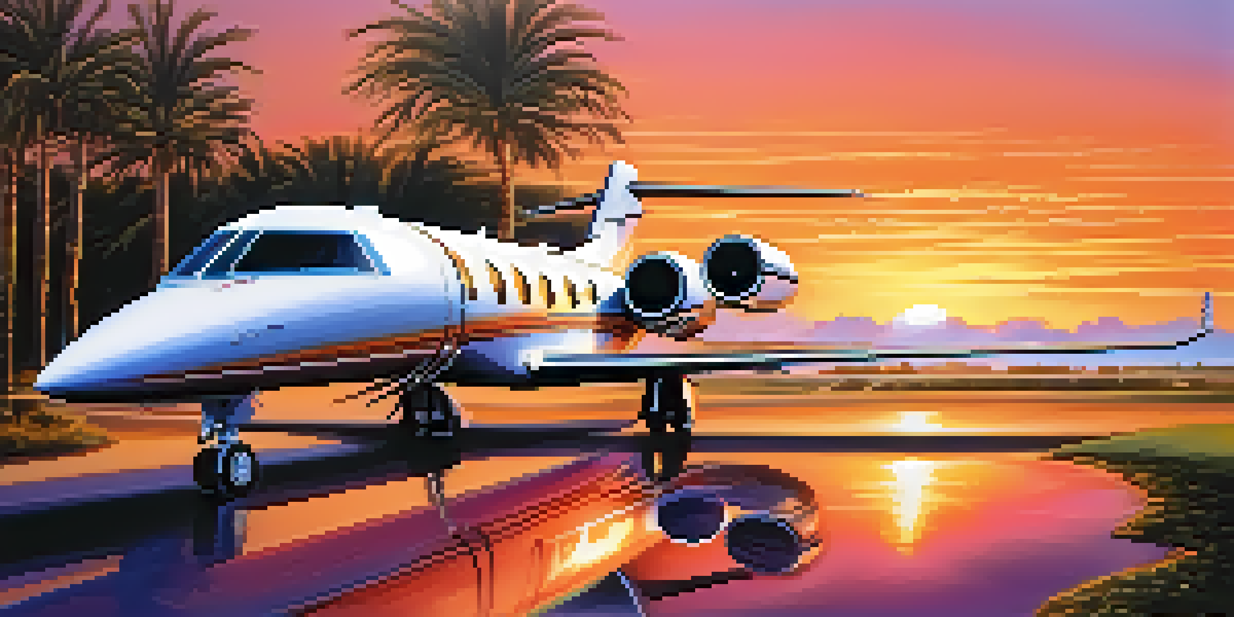 A couple in elegant attire stands in front of a private jet during sunset, surrounded by palm trees.