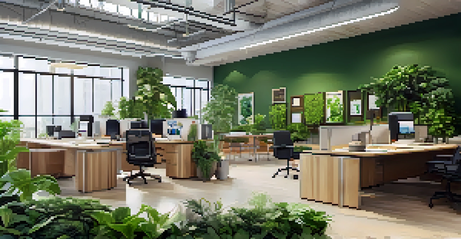 A vibrant office space with green walls and indoor plants, illuminated by natural light from skylights, promoting a refreshing work environment.