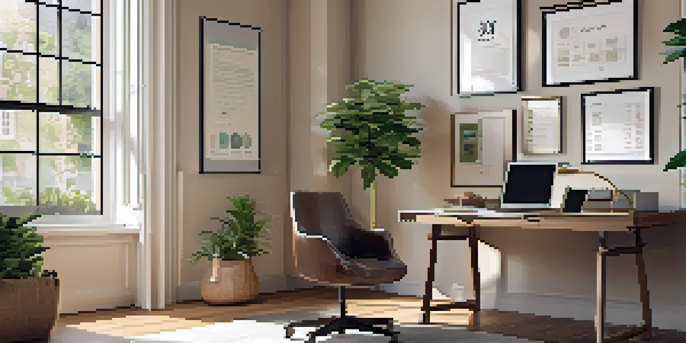 A modern home office with a sleek desk, laptop showing a budgeting spreadsheet, and a potted plant, all bathed in warm natural light.