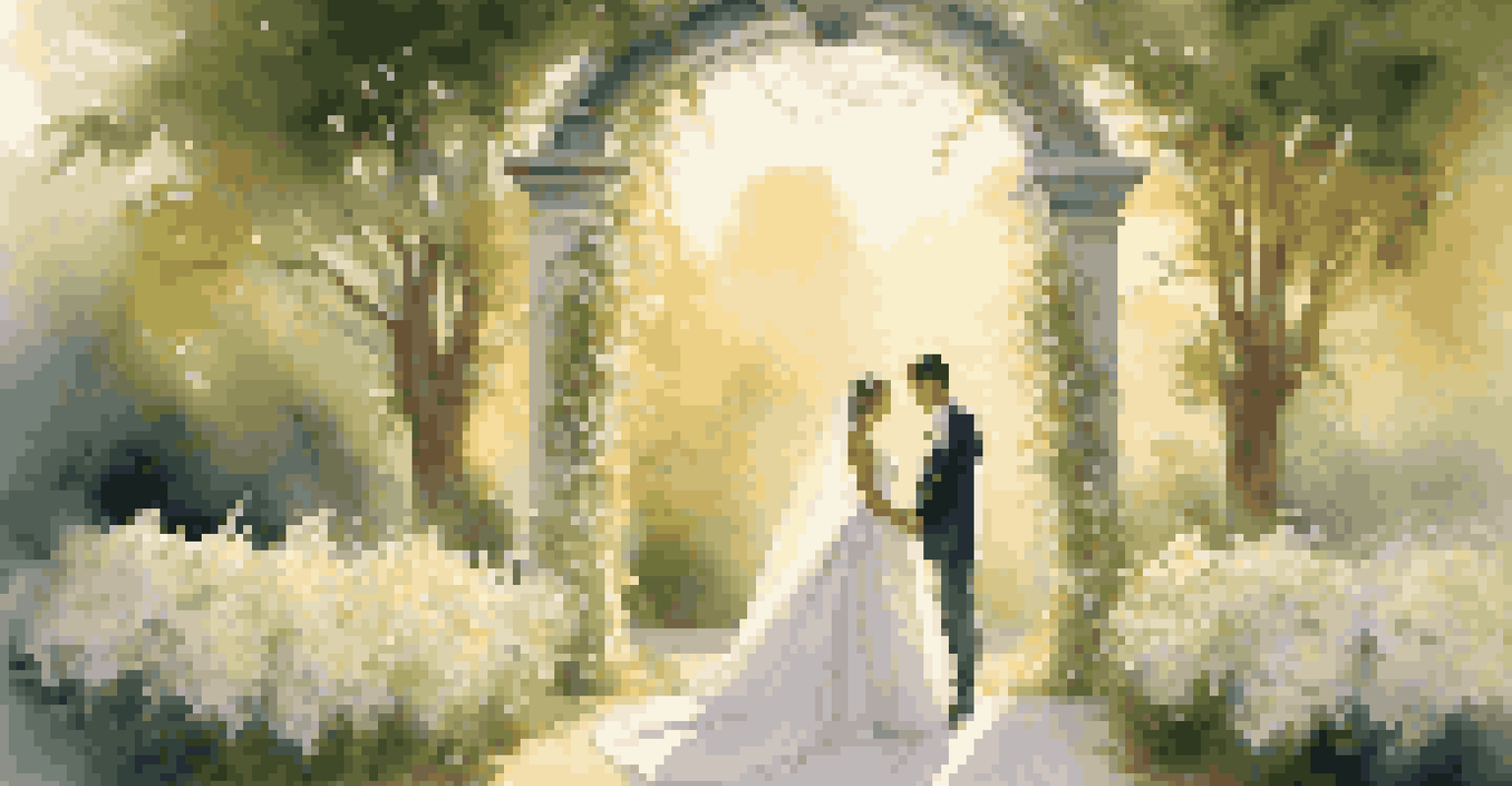 An elegant outdoor wedding scene at golden hour with a decorated archway and a bride and groom sharing a moment.