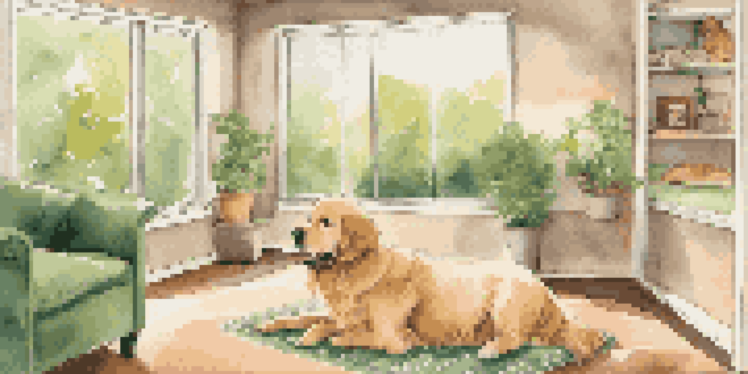 A golden retriever relaxing in a luxurious pet boarding suite with plush bedding and a view of a garden.