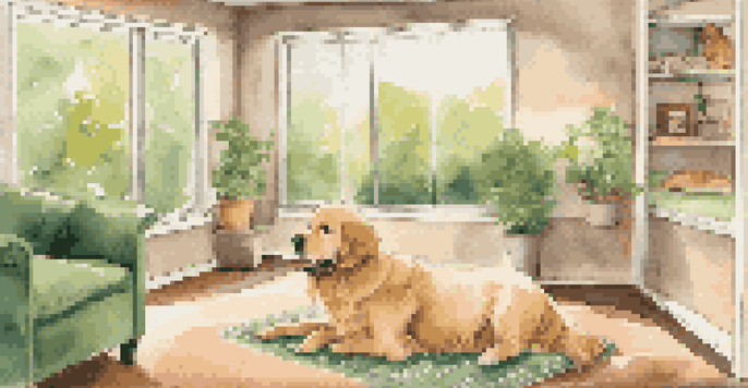 A golden retriever relaxing in a luxurious pet boarding suite with plush bedding and a view of a garden.