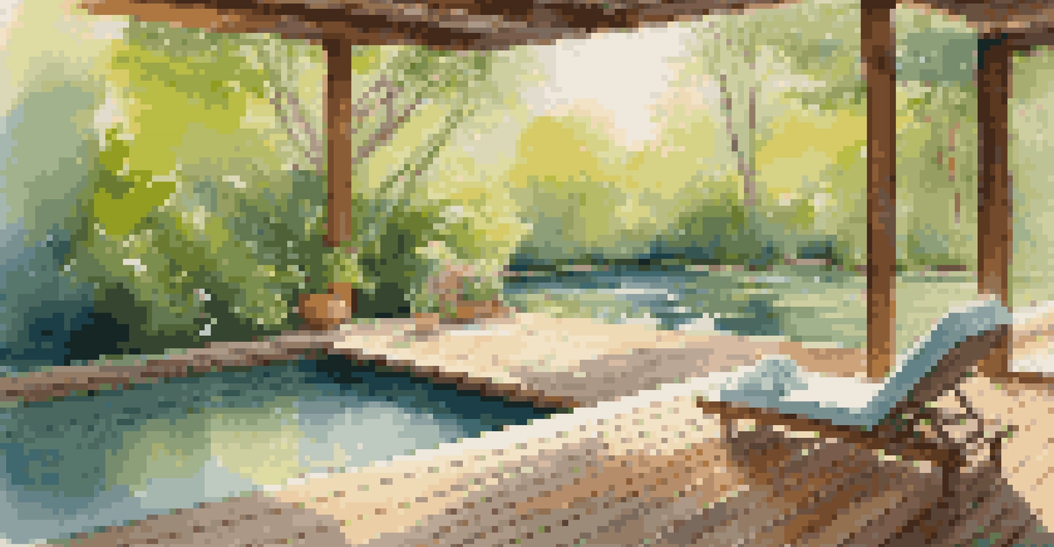 A peaceful yoga mat on a wooden deck in a lush spa retreat, with sunlight filtering through the trees and a pond in the background.
