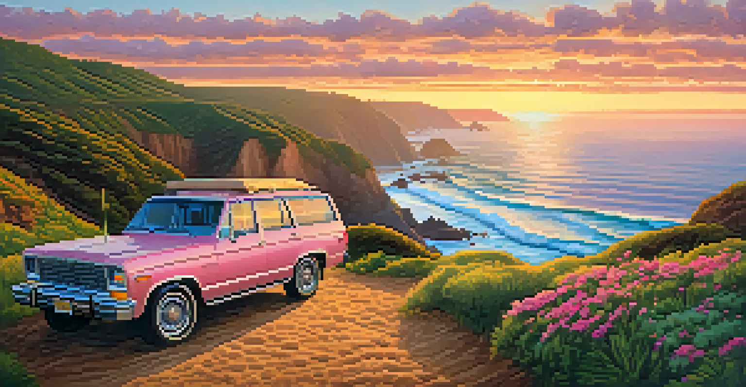A family enjoying a picnic next to a luxury SUV at a scenic coastal overlook during sunset.