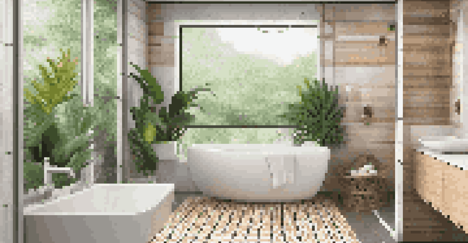 An elegant bathroom with a rain shower, tropical plants, and handcrafted sustainable tiles.