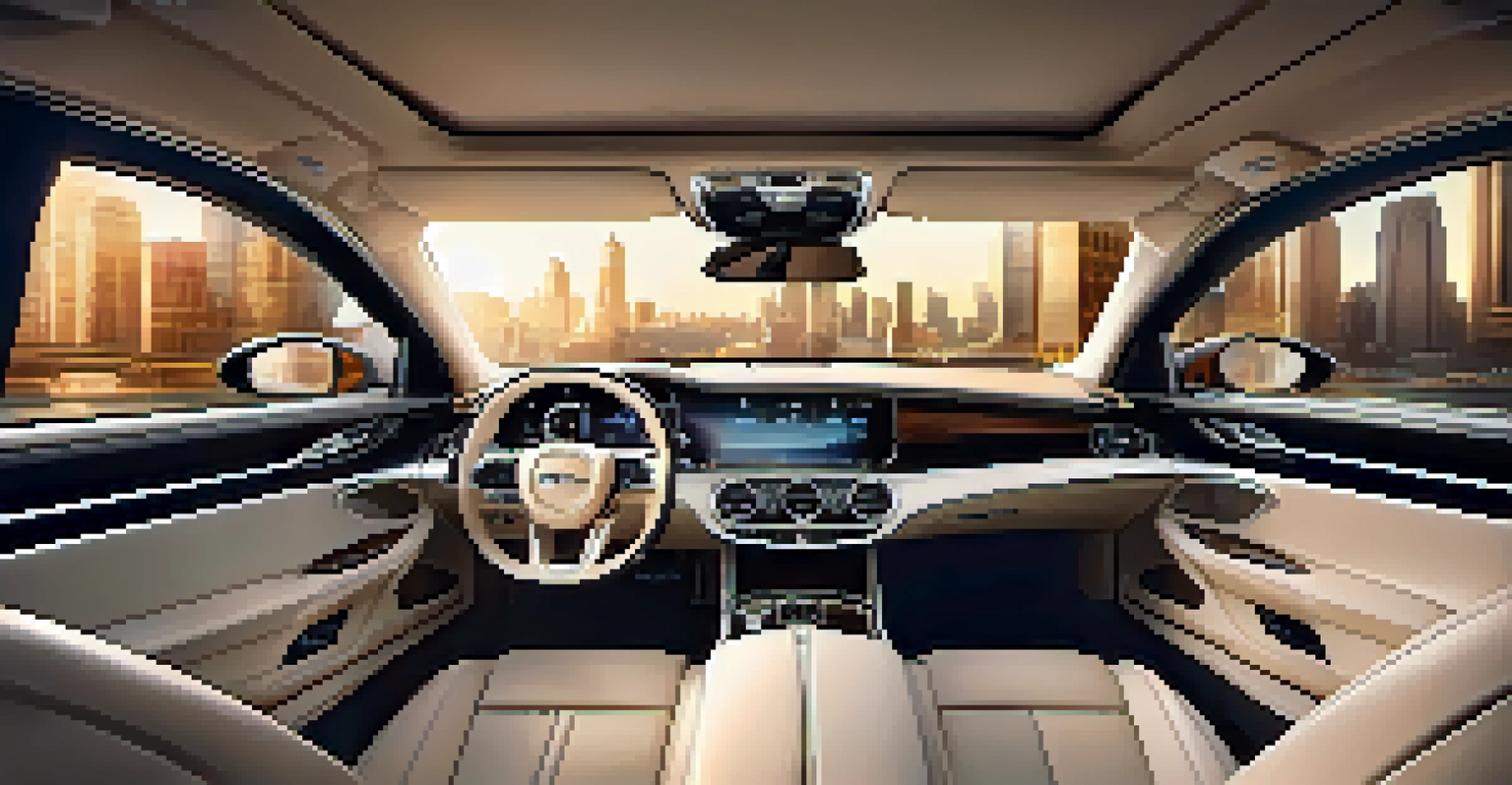 The luxurious interior of a high-end sedan, featuring plush leather seats and a sleek dashboard with city skyline views.