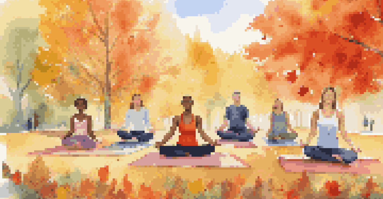 Friends practicing yoga in a park during autumn, with colorful leaves and bright mats creating a lively atmosphere.