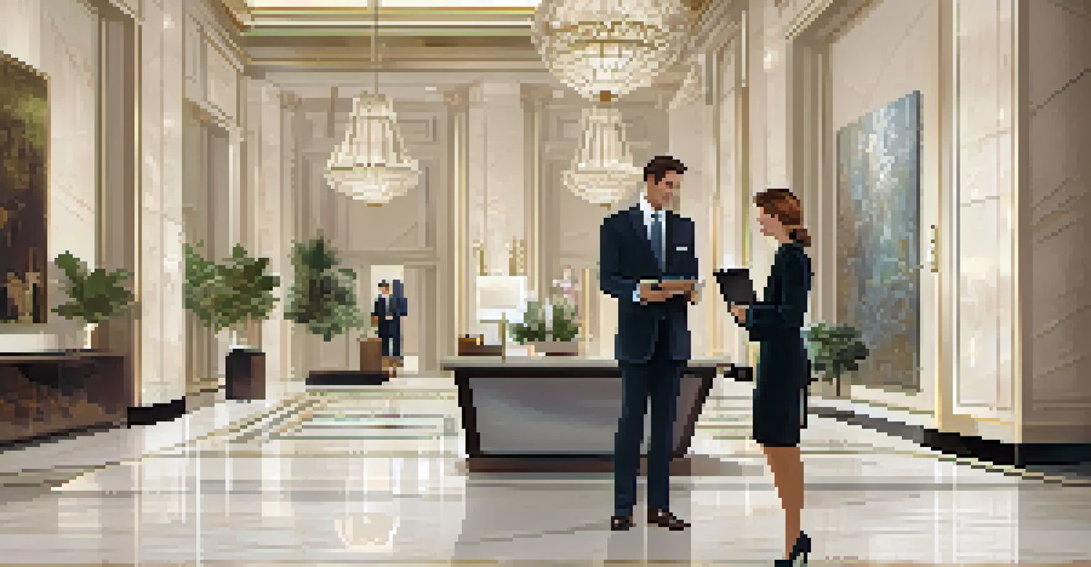 A concierge assisting a member in a luxurious lobby, showcasing personalized experiences on a tablet.