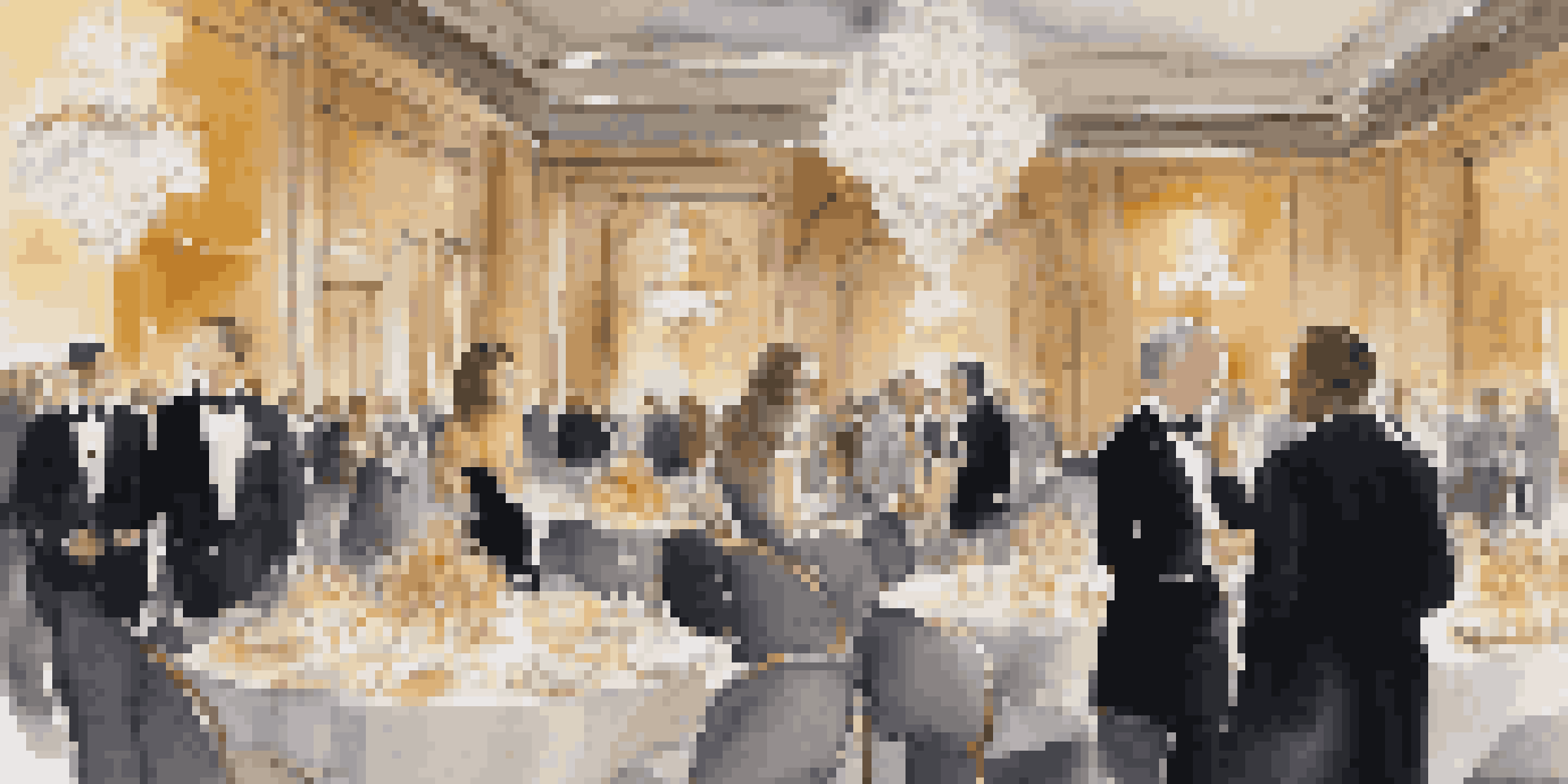 A gathering of elegantly dressed professionals at a luxurious networking event in a beautifully decorated ballroom.
