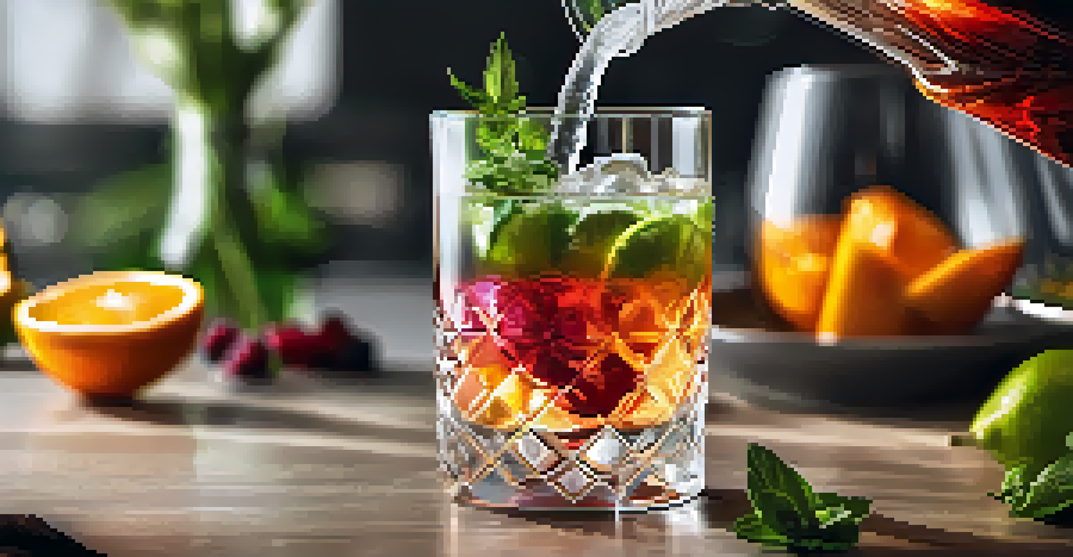 A close-up of a seasonal cocktail being poured into a glass, with vibrant herbs and fruits and a blurred kitchen background.