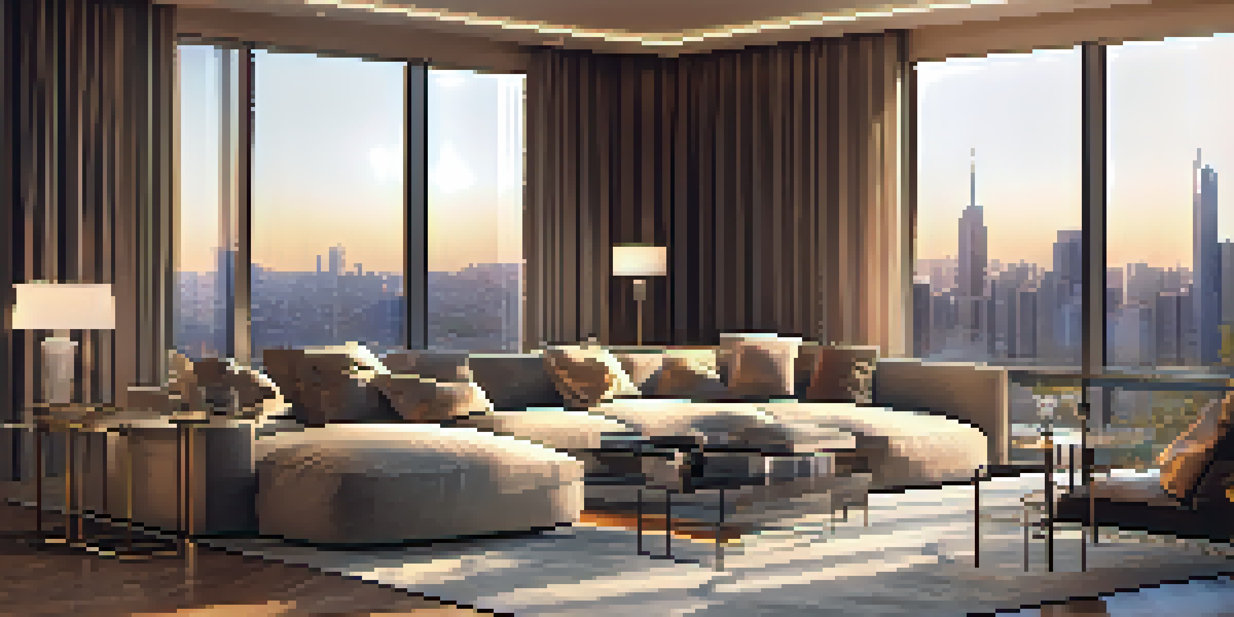 A modern luxurious living room featuring large windows with a view of a city skyline at sunset, elegantly furnished with a plush sofa and contemporary art.