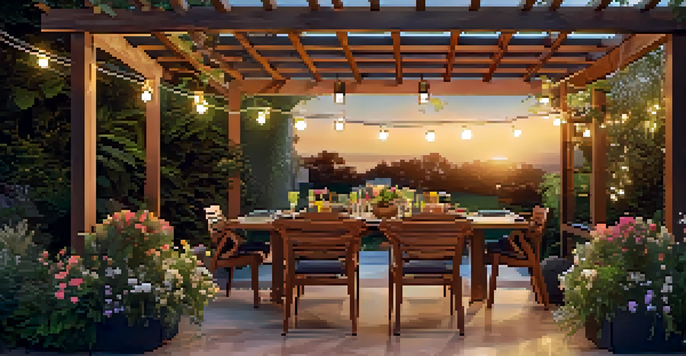 A modern outdoor patio with a teak dining set, string lights, and lush plants, illuminated by the warm glow of the setting sun.