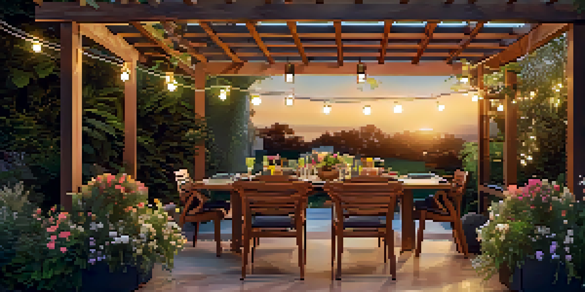 A modern outdoor patio with a teak dining set, string lights, and lush plants, illuminated by the warm glow of the setting sun.