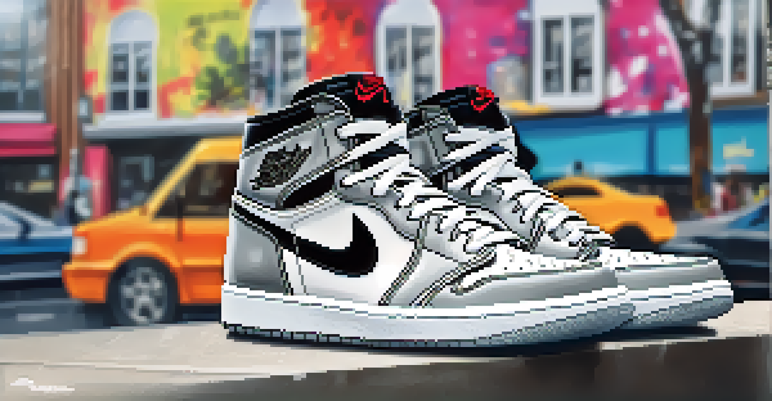 A pair of Dior x Nike Air Jordan 1 sneakers displayed against a colorful urban backdrop with graffiti.