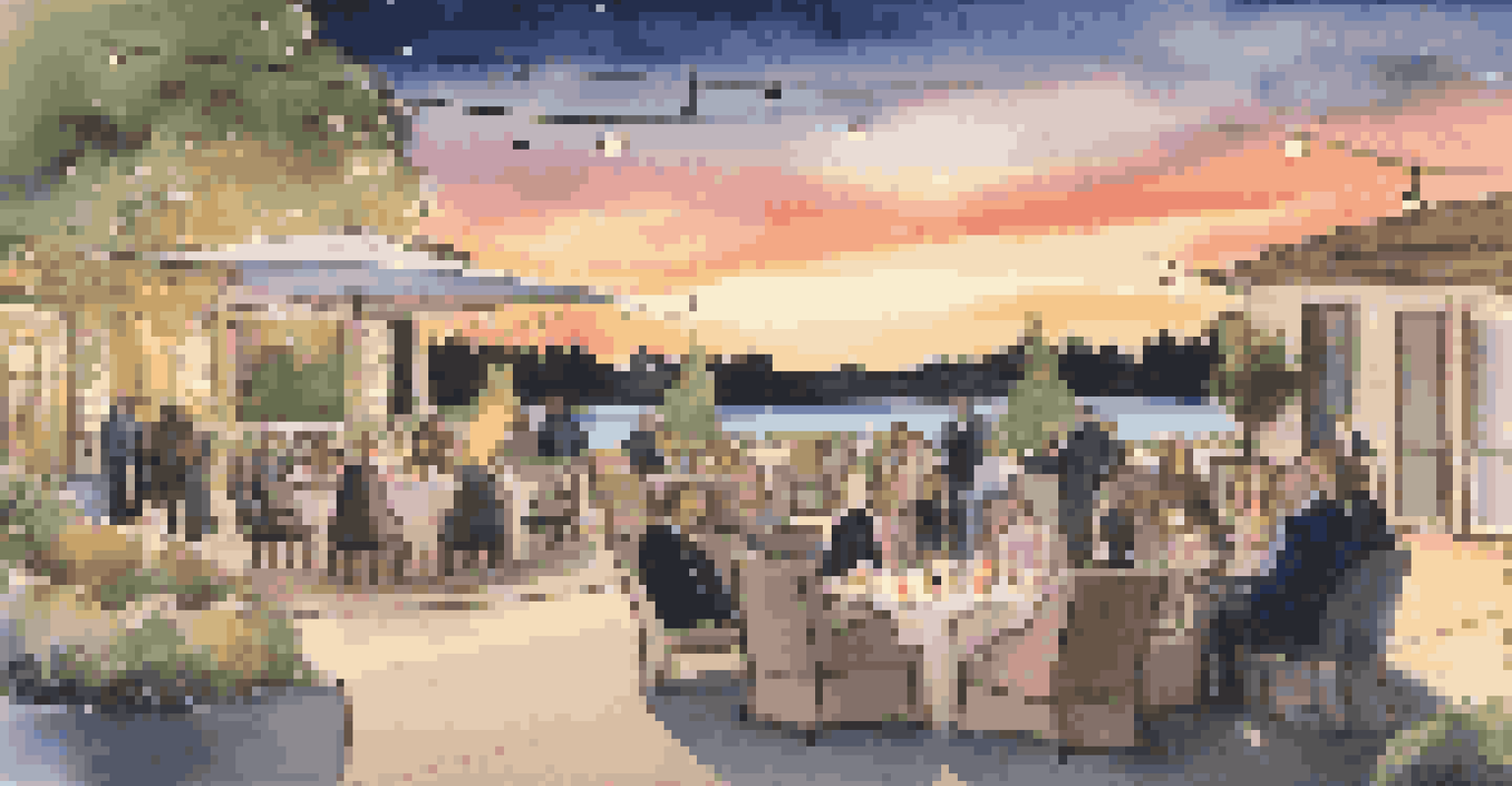 An outdoor luxury tech networking event during sunset, with guests mingling in a cozy lounge area adorned with soft lighting and elegant decor.
