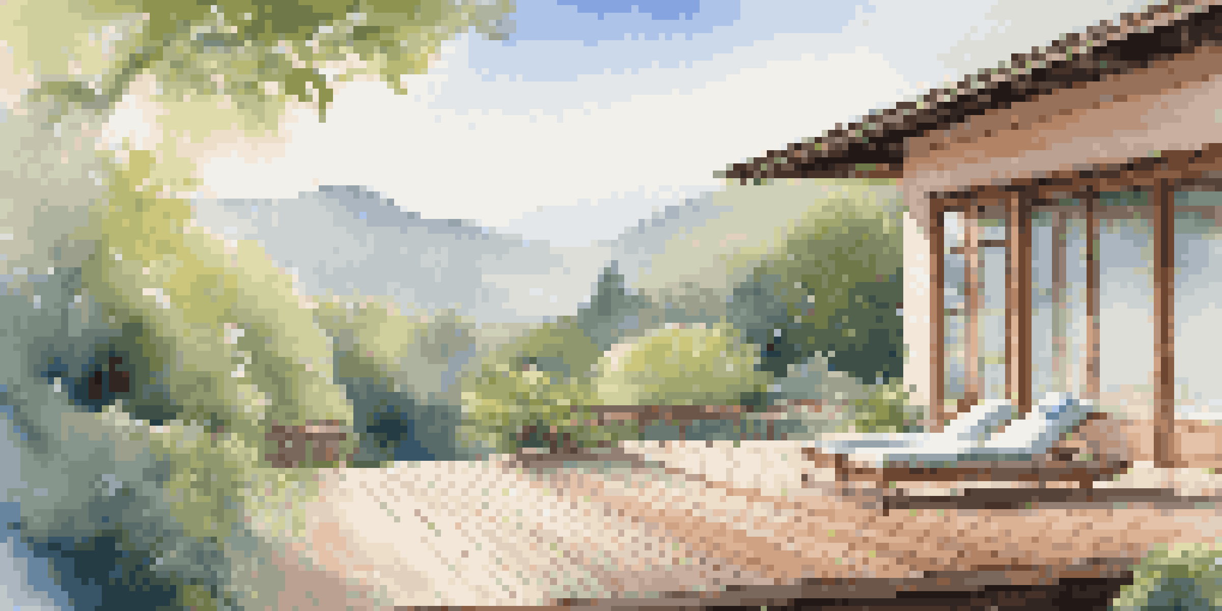 A luxury wellness retreat villa in nature, with yoga mats on a wooden deck under soft morning light, surrounded by trees and mountains.