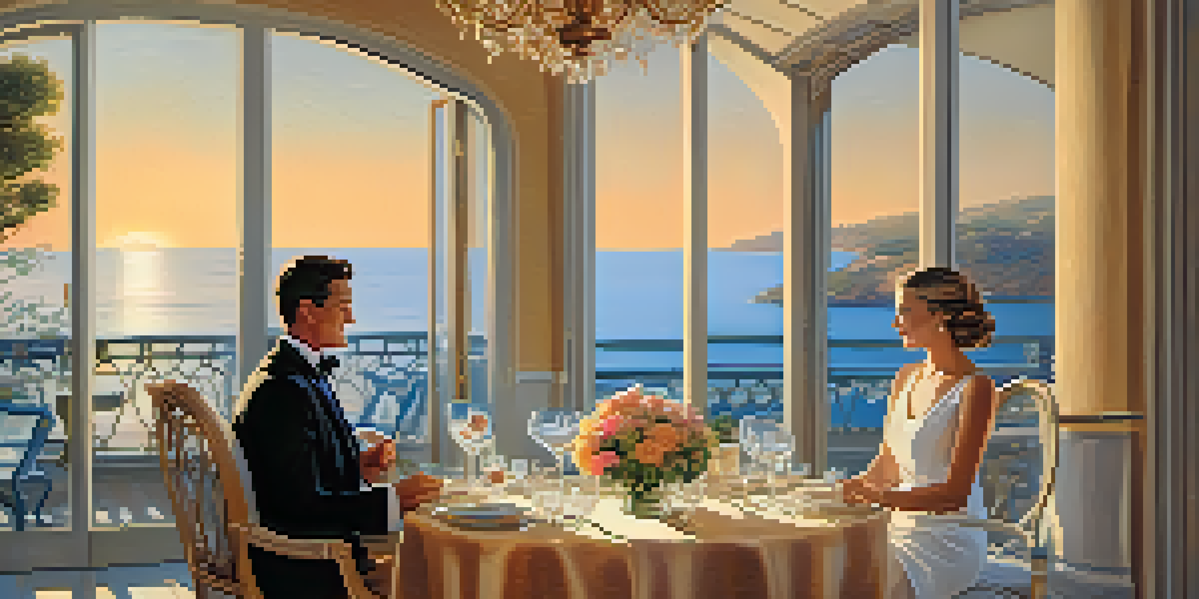 A couple dressed in elegant attire dining on a terrace with an ocean view at sunset, with a beautifully set table.