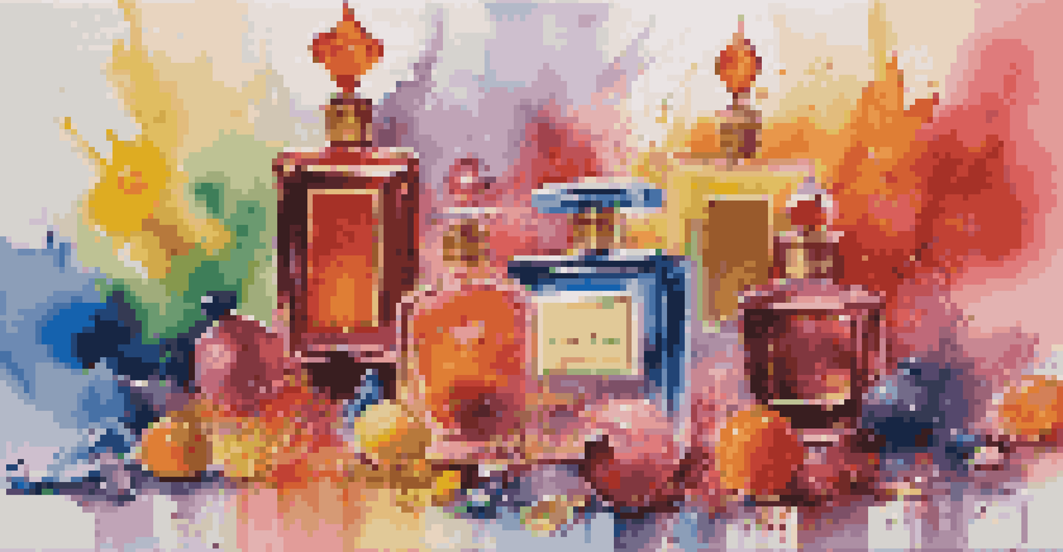 A colorful artistic scene with splashes of paint and transparent perfume bottles, representing the fusion of art and fragrance.