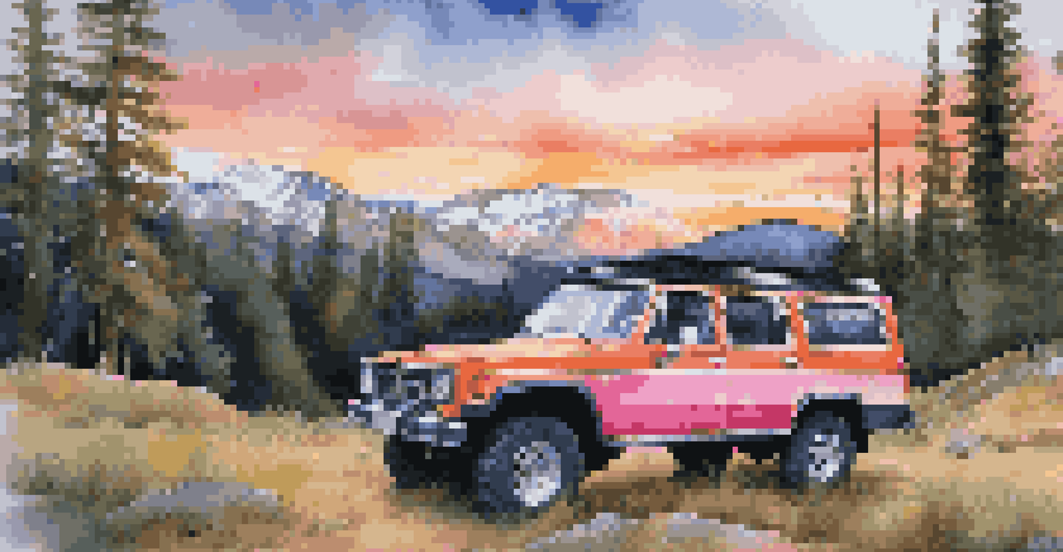 An off-road vehicle at a scenic viewpoint in the Colorado Rockies, with a sunset sky and lush forests surrounding it.