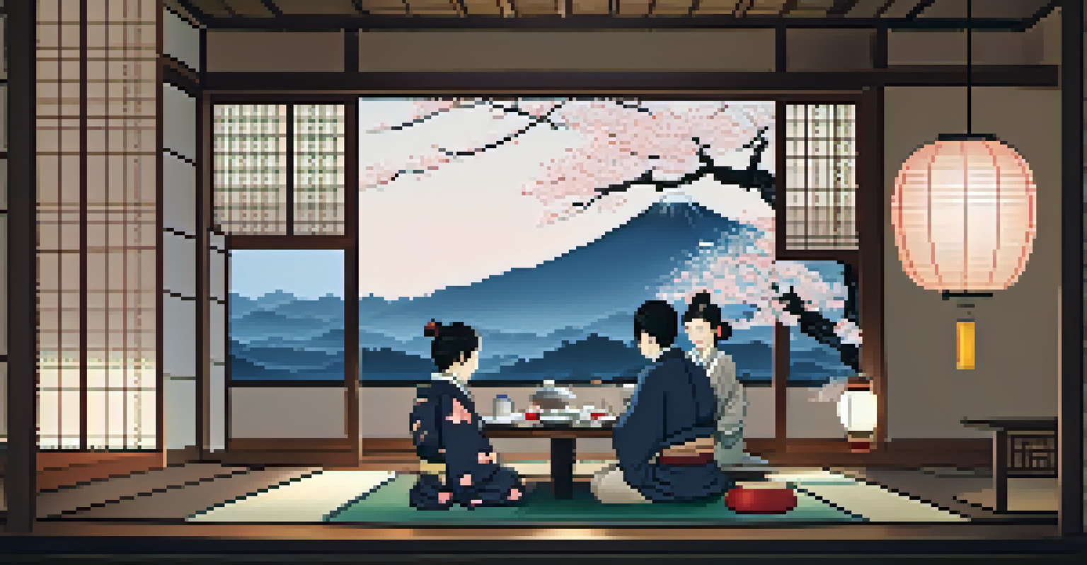 A family dining in a traditional Japanese ryokan, surrounded by cherry blossoms and a visible onsen.