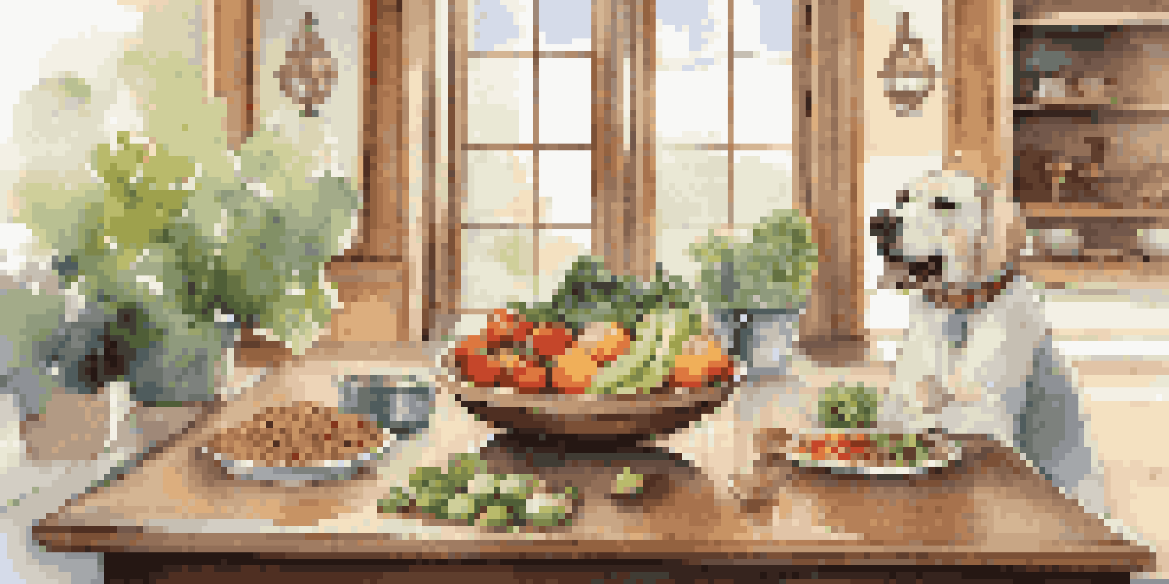 A lavish pet dining area with a bowl of high-quality dog food and fresh produce, illuminated by natural light.