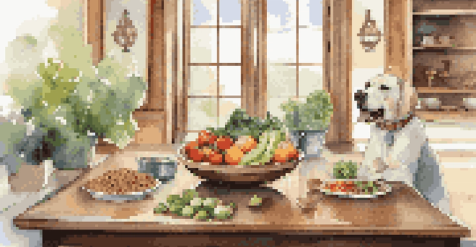 A lavish pet dining area with a bowl of high-quality dog food and fresh produce, illuminated by natural light.