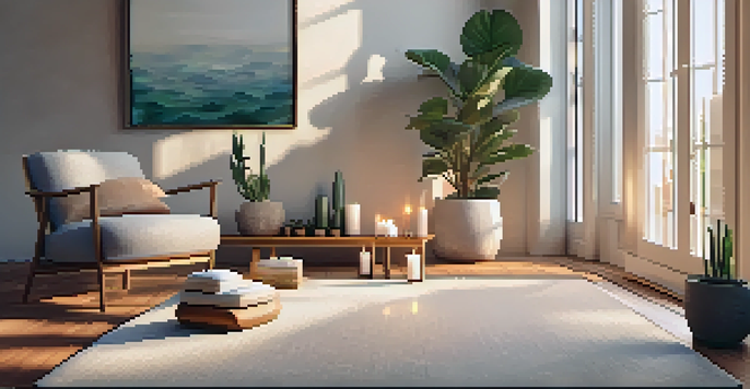 A peaceful wellness corner with a yoga mat, candles, and plants, illuminated by natural light.