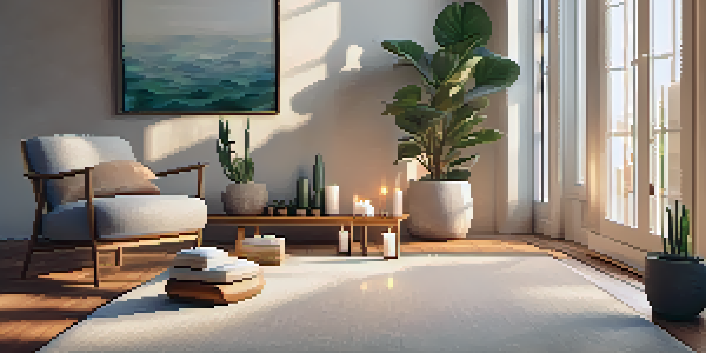 A peaceful wellness corner with a yoga mat, candles, and plants, illuminated by natural light.