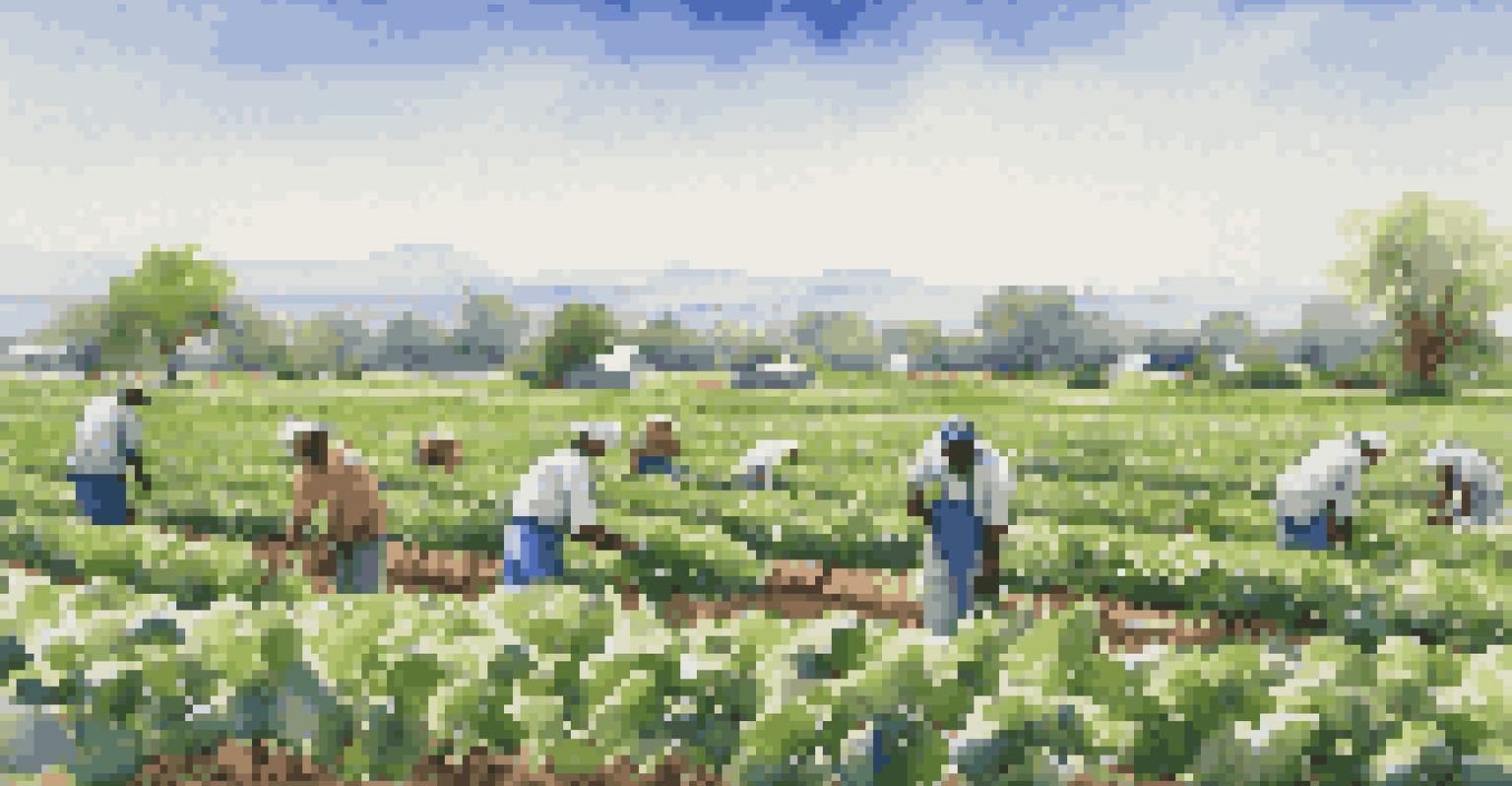A peaceful view of organic cotton fields with farmers tending to the plants under a clear blue sky, representing sustainable farming.