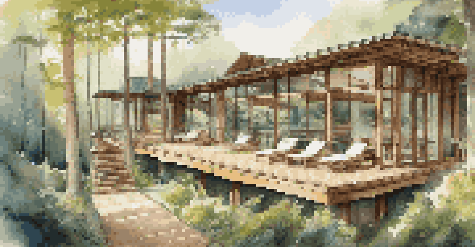 A luxury eco-resort in a forest setting with sustainable architecture and natural materials.