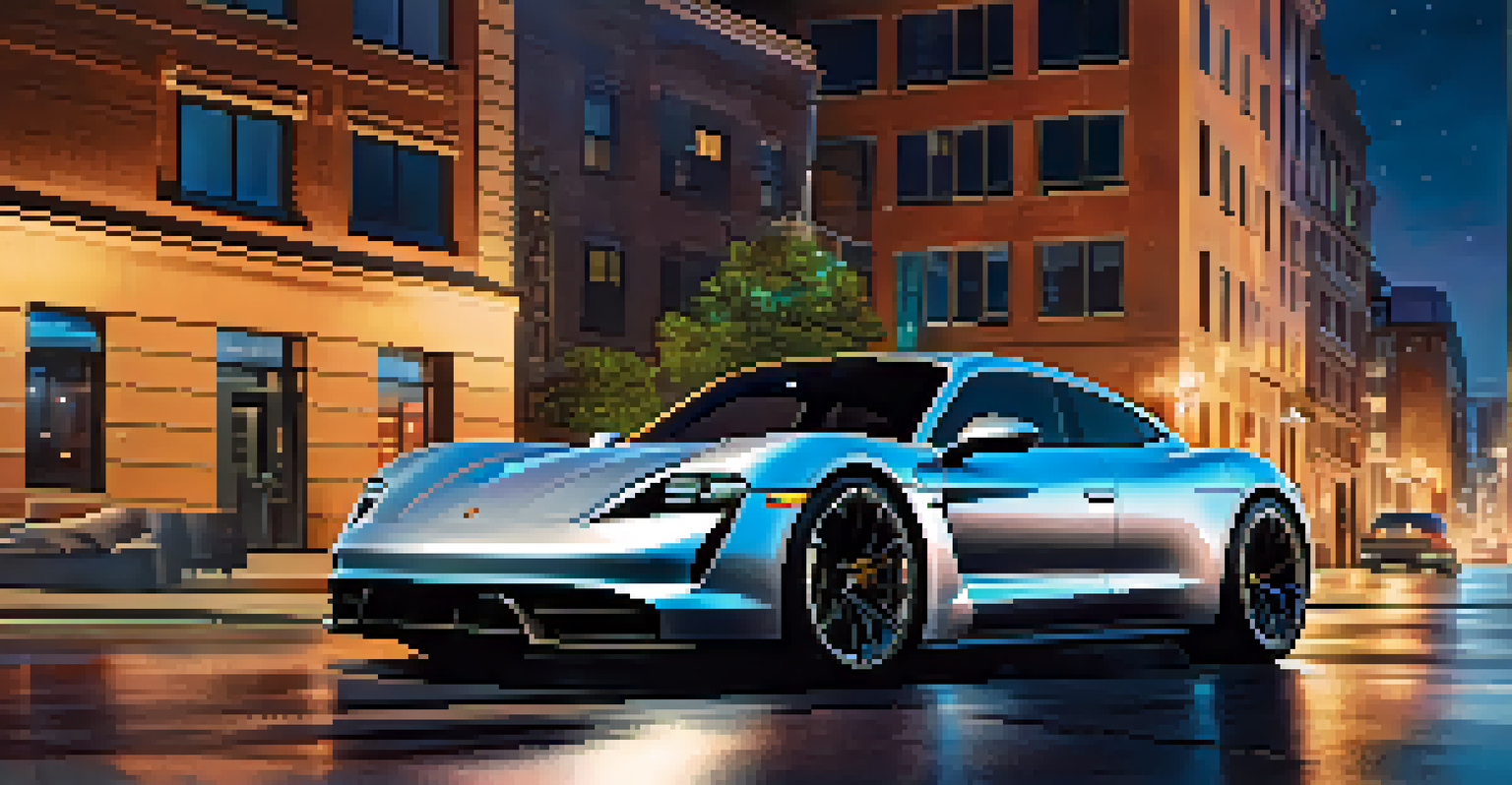 A Porsche Taycan parked in a modern urban setting at night, illuminated by city lights, showcasing its sleek design.