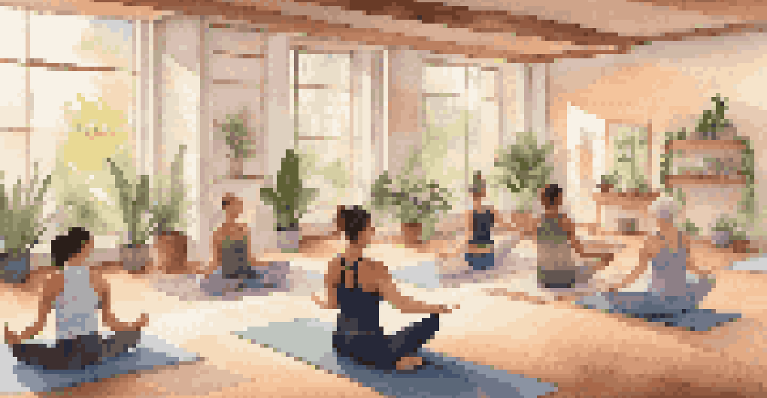 A calming yoga class in a luxury studio, with individuals practicing poses on mats in a warm, inviting atmosphere.