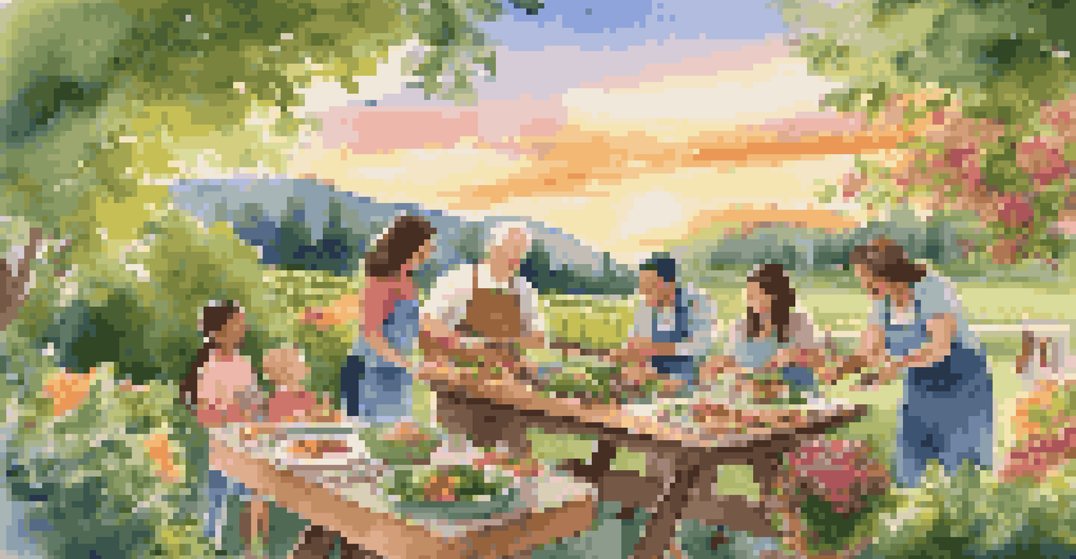A family enjoying an outdoor cooking class in a garden, grilling vegetables and preparing a meal while surrounded by nature.