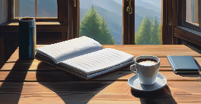 A cozy workspace with a laptop, notepad, and coffee on a wooden desk, illuminated by natural light from a window.