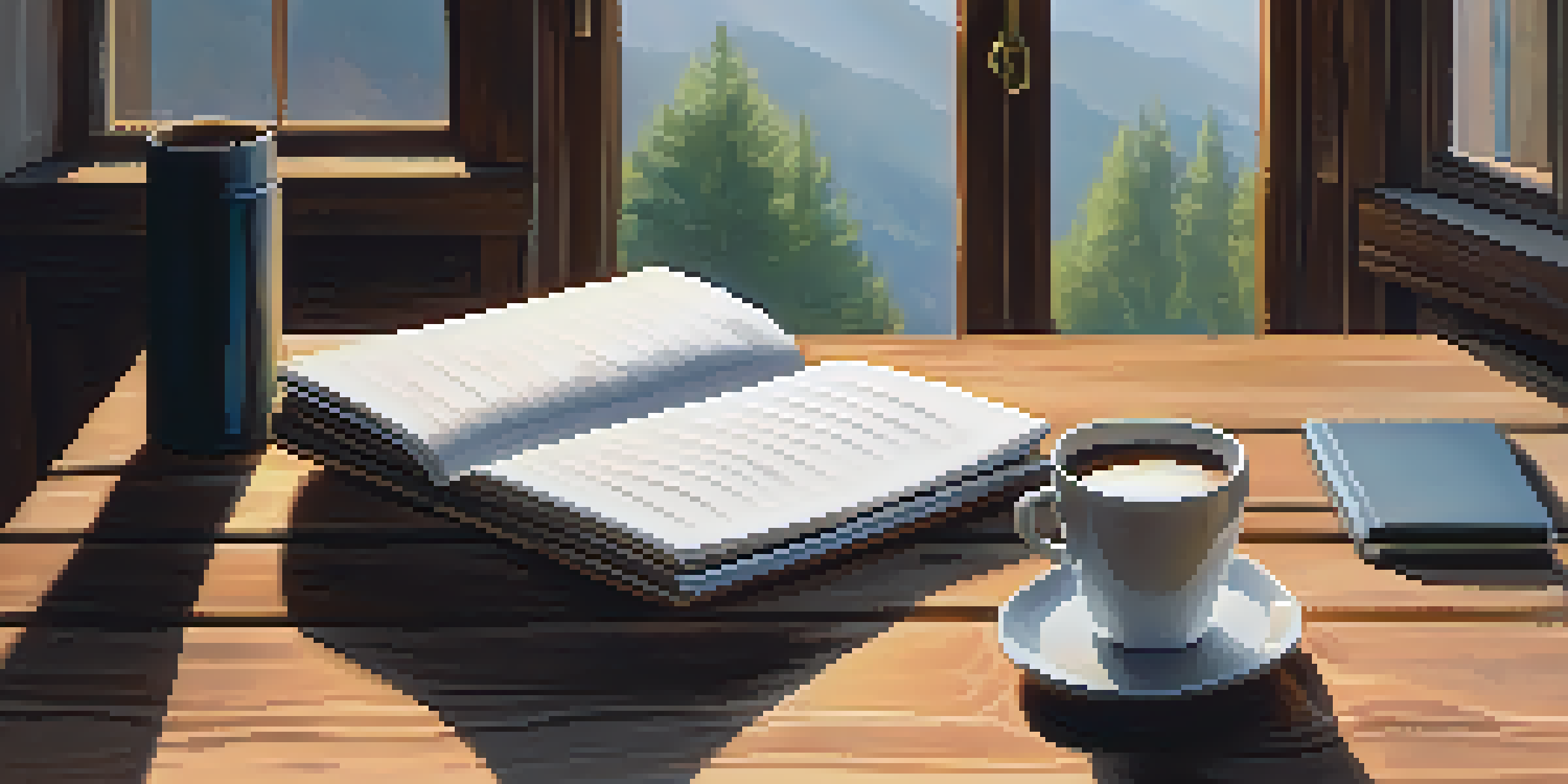A cozy workspace with a laptop, notepad, and coffee on a wooden desk, illuminated by natural light from a window.