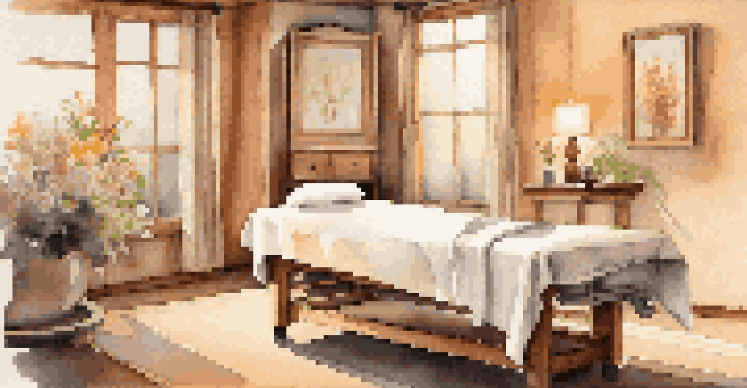 A wellness treatment room with a massage table, soft linens, ambient warm lighting, essential oils, and fresh flowers for a relaxing environment.