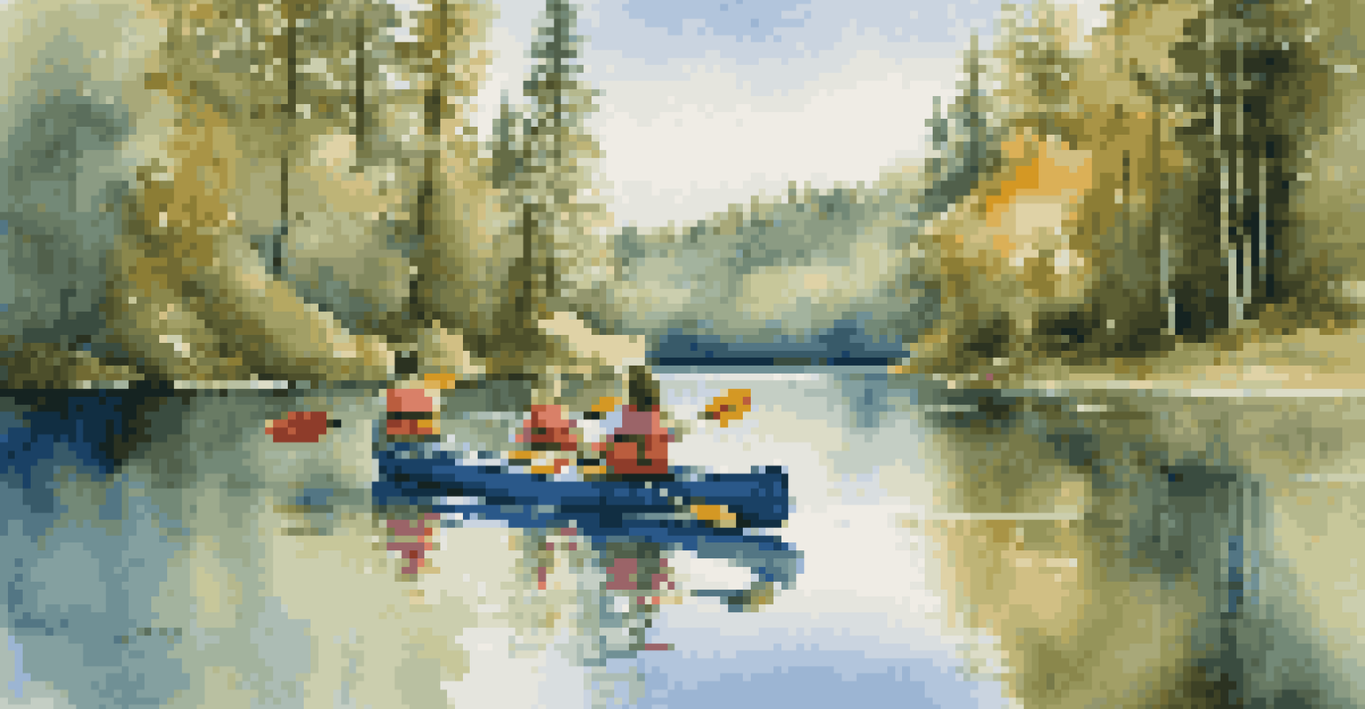 A family kayaking on a calm lake, enjoying nature in a lush forest setting.